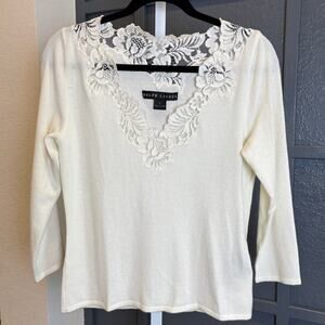 Ralph Lauren Womens Black Label Ivory Cashmere Lace 3/4 Sleeve Sweater NWT